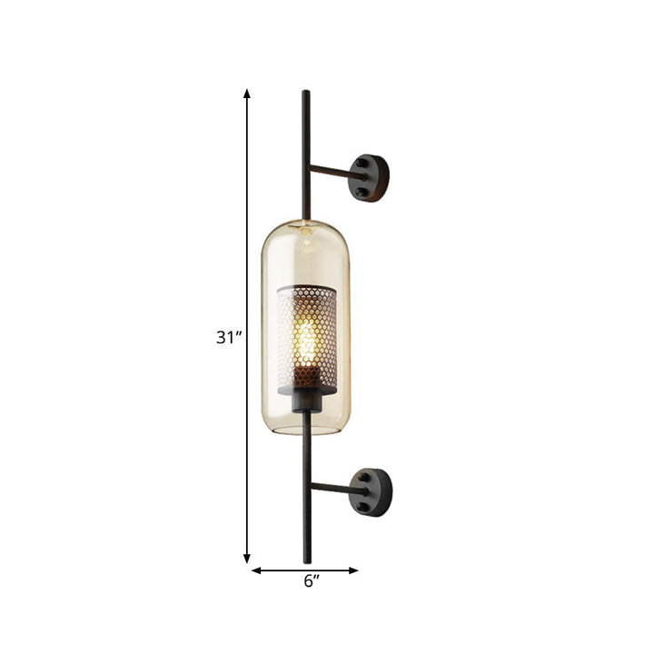 Cognac Glass Black Wall Lamp Oblong 1 Bulb Colonial Wall Mounted Light with Inner Column Mesh Screen, 5"/6" W