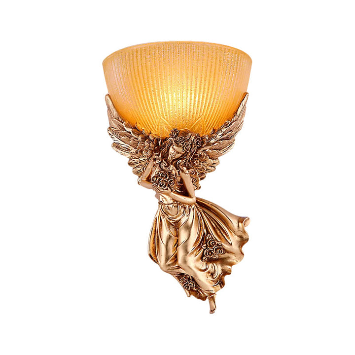 Single Bulb Angel Sconce Light Countryside Gold Resin Wall Mounted Lamp with Amber Fluted Glass Shade, Right