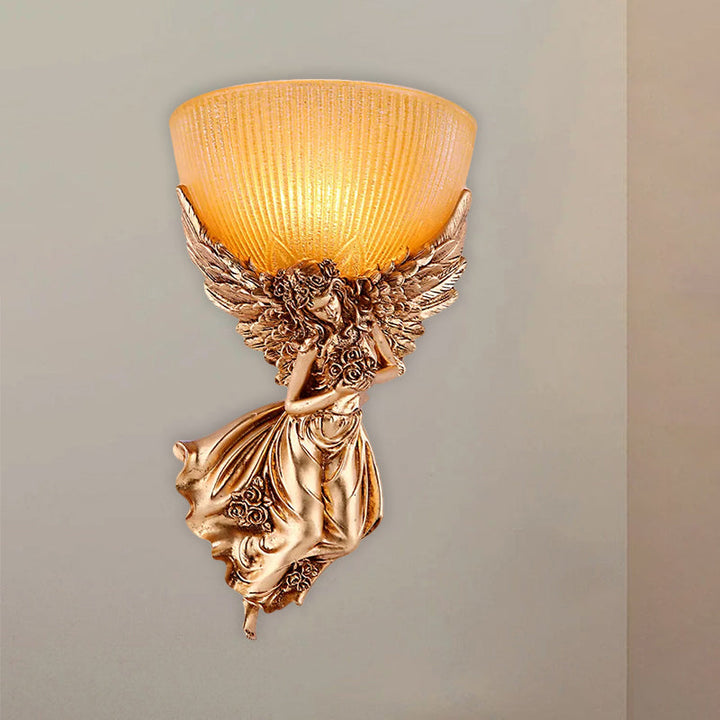 Single Bulb Angel Sconce Light Countryside Gold Resin Wall Mounted Lamp with Amber Fluted Glass Shade, Right