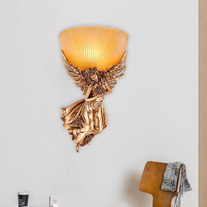 Single Bulb Angel Sconce Light Countryside Gold Resin Wall Mounted Lamp with Amber Fluted Glass Shade, Right