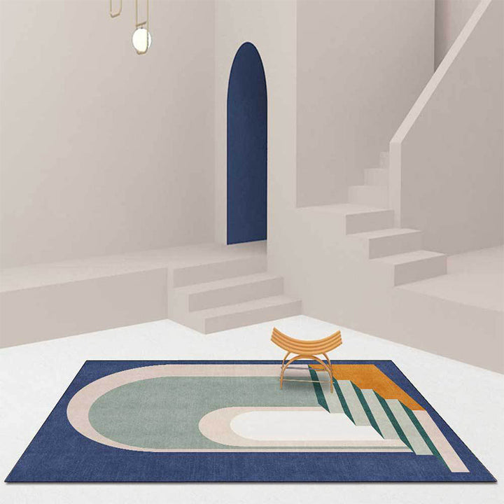 Modern living room rug in blue and green color block door stair print rug polyester machine washable area rug