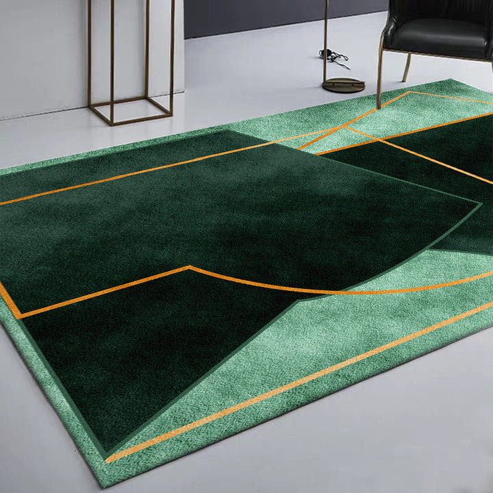 Green Bedroom Rug Modern Color Block Geometry Line Pattern Rug Polyester Dirt Resistant Rug