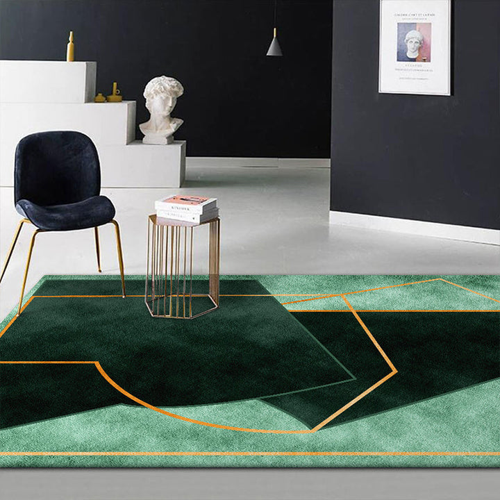 Green Bedroom Rug Modern Color Block Geometry Line Pattern Rug Polyester Dirt Resistant Rug