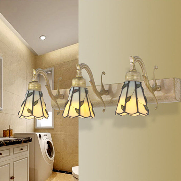 3 Heads Leaf Vanity Light Rustic Loft Stained Glass Makeup Mirror Light with Linear Backplate