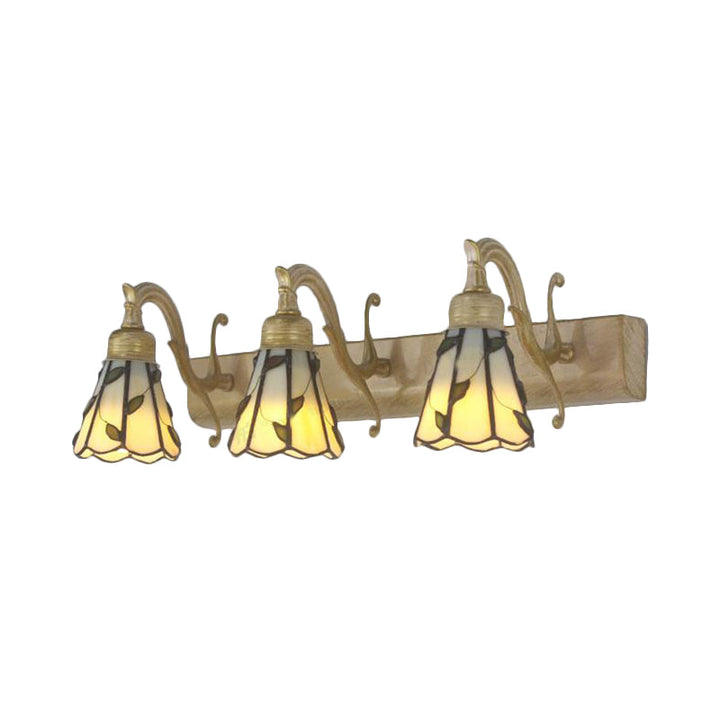 3 Heads Leaf Vanity Light Rustic Loft Stained Glass Makeup Mirror Light with Linear Backplate