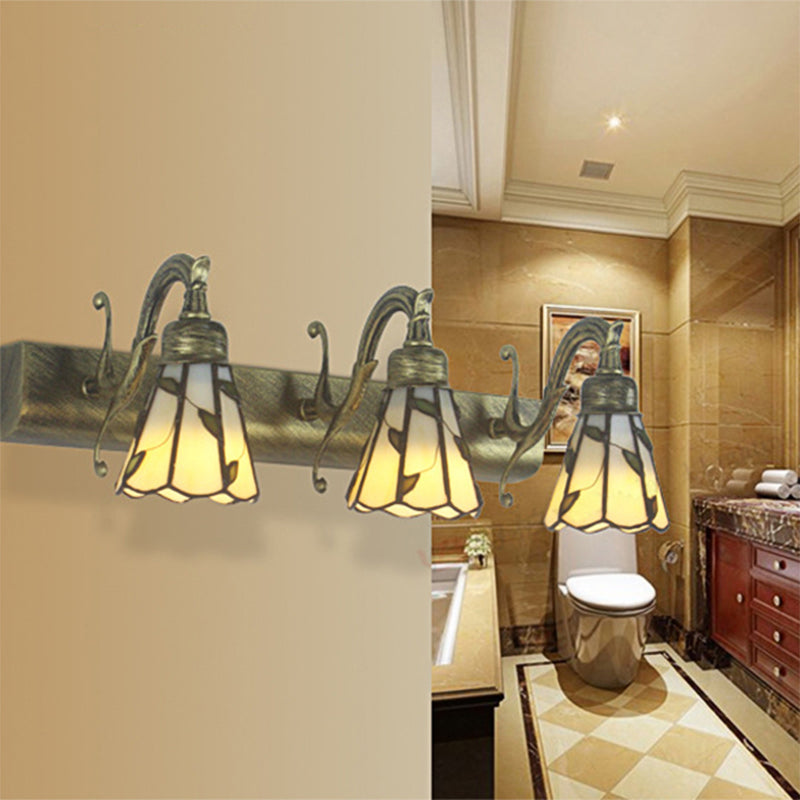 3 Heads Leaf Vanity Light Rustic Loft Stained Glass Makeup Mirror Light with Linear Backplate