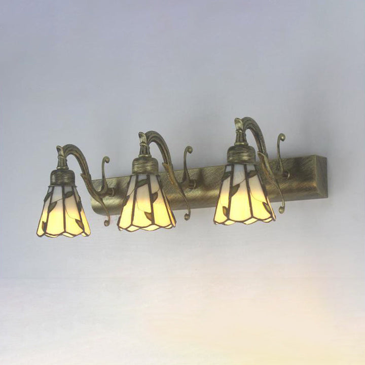 3 Heads Leaf Vanity Light Rustic Loft Stained Glass Makeup Mirror Light with Linear Backplate