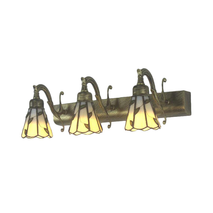 3 Heads Leaf Vanity Light Rustic Loft Stained Glass Makeup Mirror Light with Linear Backplate in Copper/Antique Brass/Gold