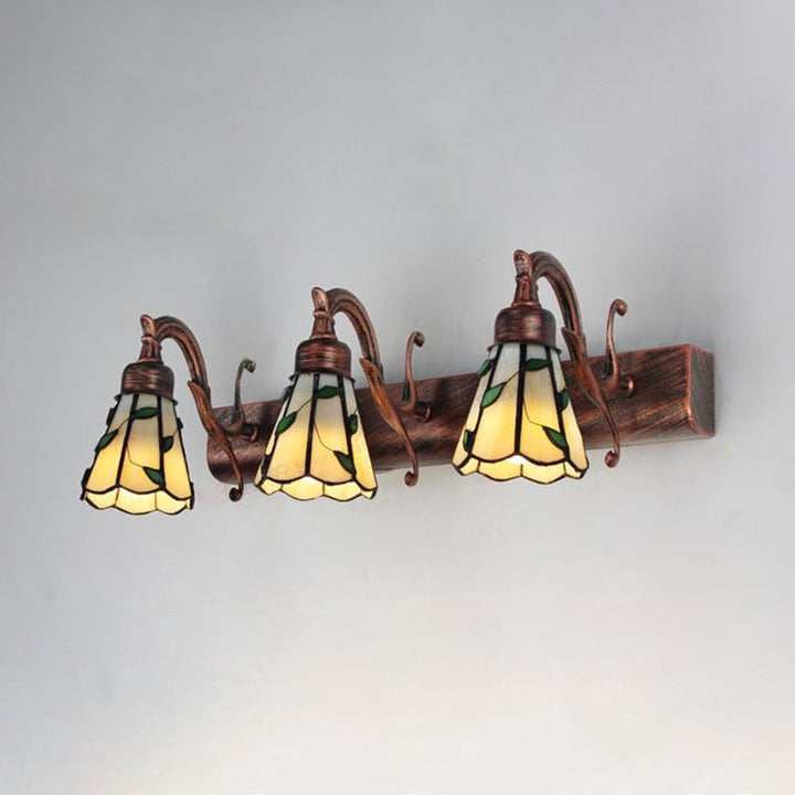 3 Heads Leaf Vanity Light Rustic Loft Stained Glass Makeup Mirror Light with Linear Backplate in Copper/Antique Brass/Gold