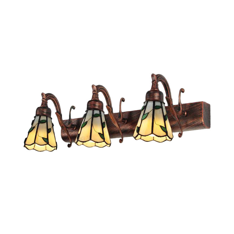 3 Heads Leaf Vanity Light Rustic Loft Stained Glass Makeup Mirror Light with Linear Backplate in Copper/Antique Brass/Gold