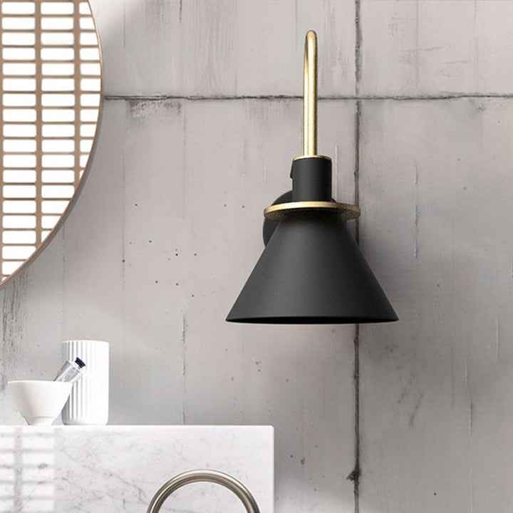 Black/White/Green Cone Wall Lamp Macaron 1-Light Metal Wall Mounted Light with Arched Arm for Bedroom, Warm/White Light