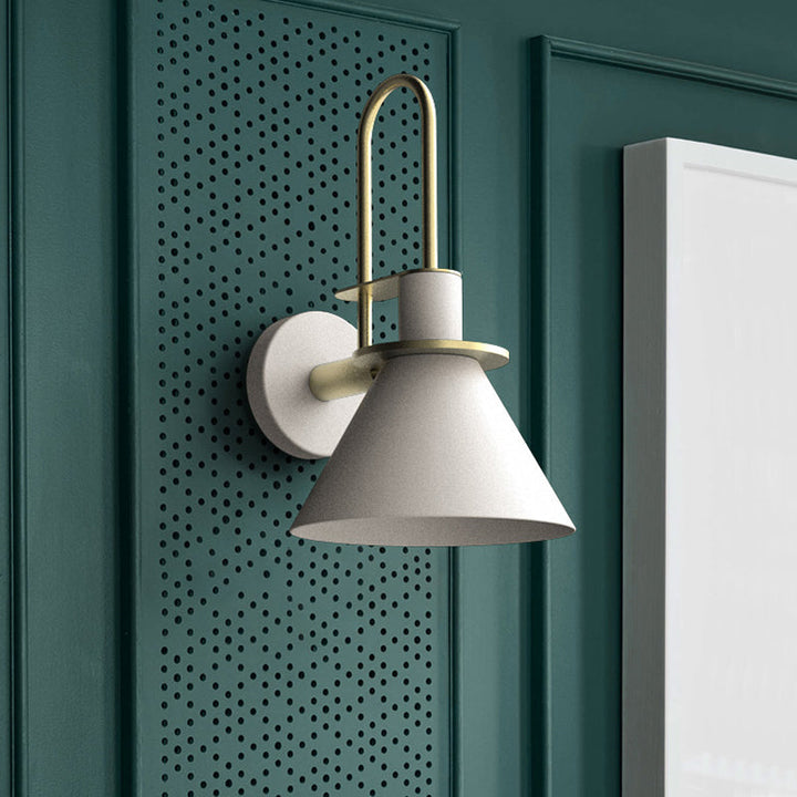 Black/White/Green Cone Wall Lamp Macaron 1-Light Metal Wall Mounted Light with Arched Arm for Bedroom, Warm/White Light