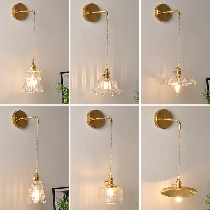 Bowl/Cylinder Bedside Wall Lighting Antique Clear Prismatic/Wavy Glass 1 Bulb Brass Wall Hanging Lamp with Rotary Switch
