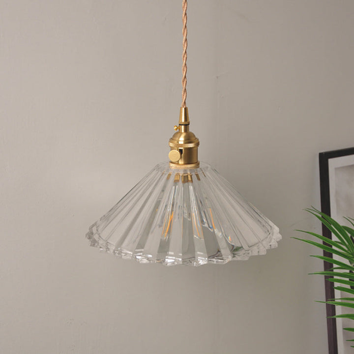 Bowl/Cylinder Bedside Wall Lighting Antique Clear Prismatic/Wavy Glass 1 Bulb Brass Wall Hanging Lamp with Rotary Switch