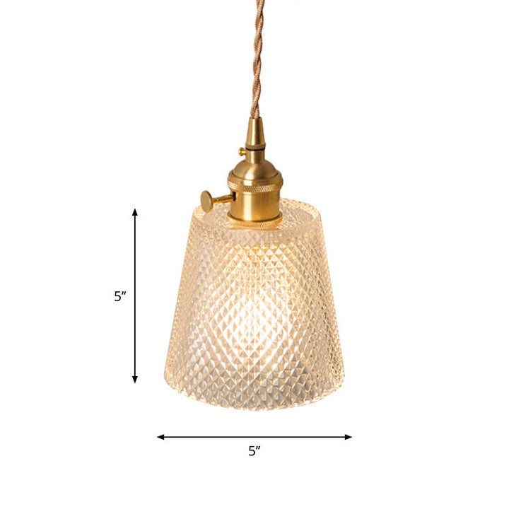 Bowl/Cylinder Bedside Wall Lighting Antique Clear Prismatic/Wavy Glass 1 Bulb Brass Wall Hanging Lamp with Rotary Switch