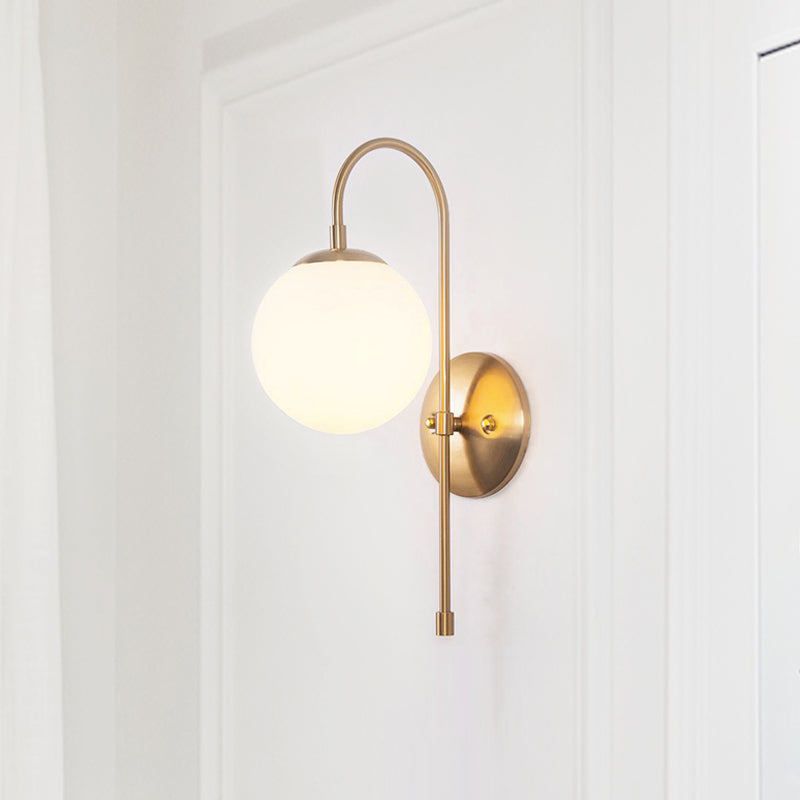 Gold Mini Globe Wall Sconce Light Simple 1-Light Opaline Glass Wall Mount Fixture for Bedroom