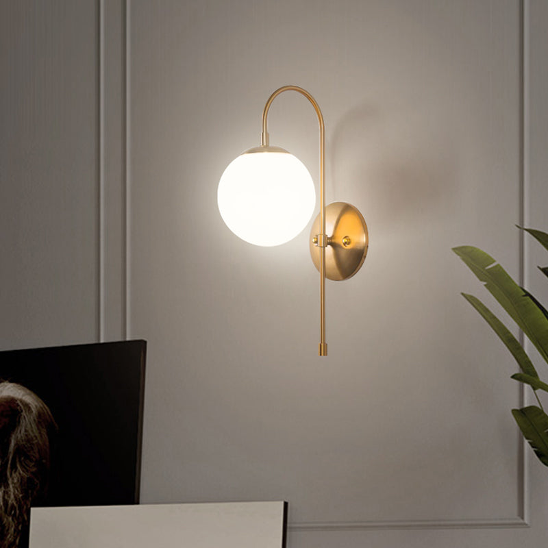 Gold Mini Globe Wall Sconce Light Simple 1-Light Opaline Glass Wall Mount Fixture for Bedroom