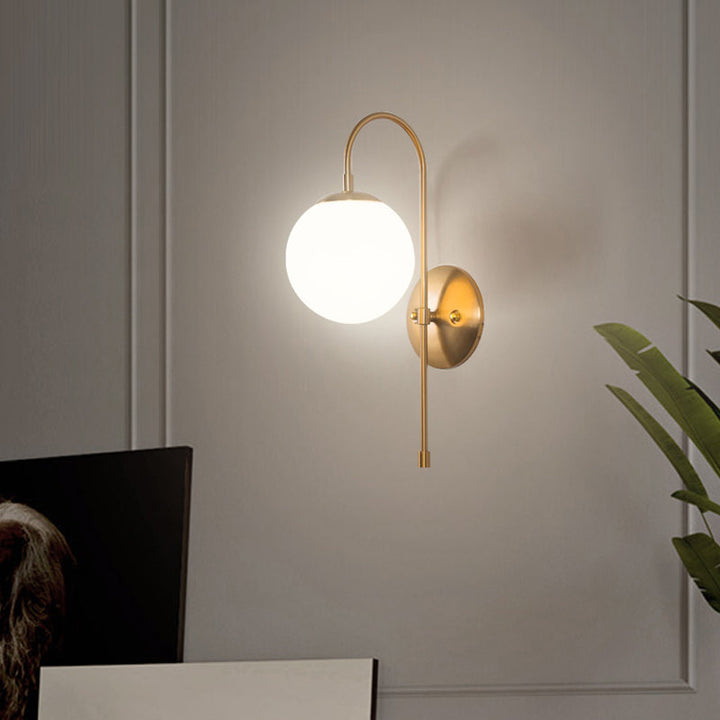 Gold Mini Globe Wall Sconce Light Simple 1-Light Opaline Glass Wall Mount Fixture for Bedroom