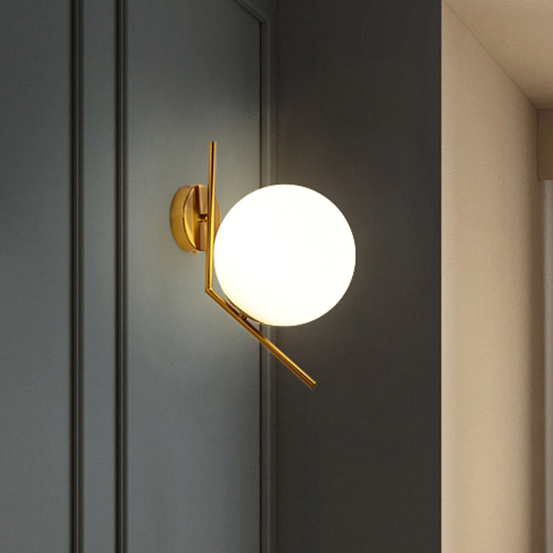 Gold Mini Globe Wall Sconce Light Simple 1-Light Opaline Glass Wall Mount Fixture for Bedroom