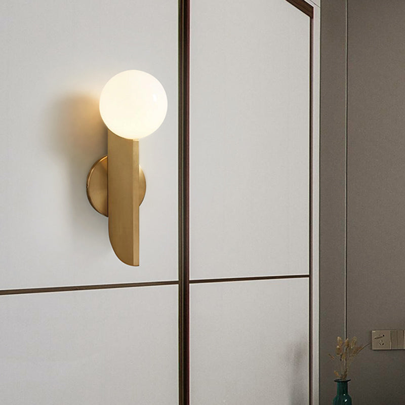 Gold Mini Globe Wall Sconce Light Simple 1-Light Opaline Glass Wall Mount Fixture for Bedroom