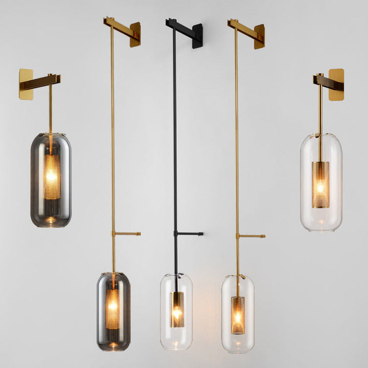 Postmodern Capsule Wall Hanging Light Clear Glass 1 Bulb Bedside Wall Mounted Lamp with Interior Mesh Guard in Black/Gold