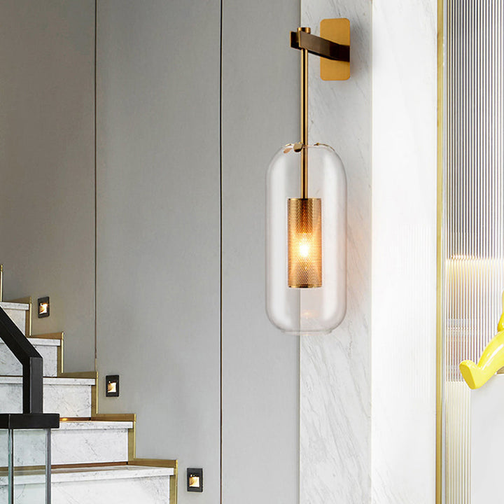 Postmodern Capsule Wall Hanging Light Clear Glass 1 Bulb Bedside Wall Mounted Lamp with Interior Mesh Guard in Black/Gold