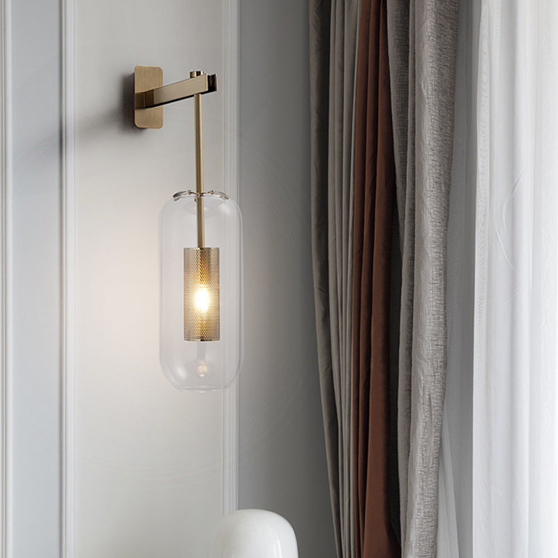 Postmodern Capsule Wall Hanging Light Clear Glass 1 Bulb Bedside Wall Mounted Lamp with Interior Mesh Guard in Black/Gold