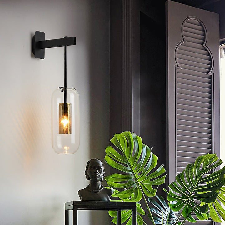 Postmodern Capsule Wall Hanging Light Clear Glass 1 Bulb Bedside Wall Mounted Lamp with Interior Mesh Guard in Black/Gold