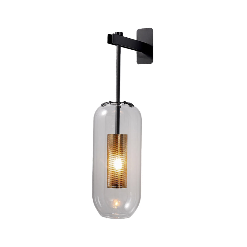 Postmodern Capsule Wall Hanging Light Clear Glass 1 Bulb Bedside Wall Mounted Lamp with Interior Mesh Guard in Black/Gold