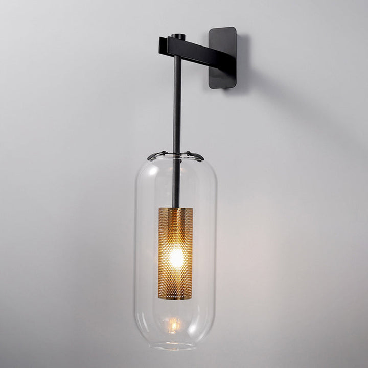 Postmodern Capsule Wall Hanging Light Clear Glass 1 Bulb Bedside Wall Mounted Lamp with Interior Mesh Guard in Black/Gold