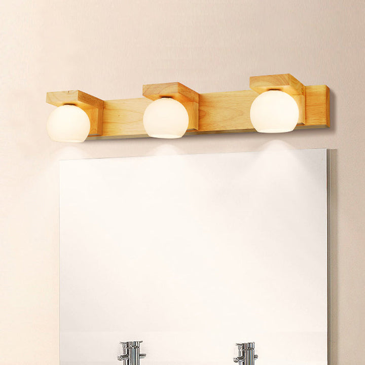 Linear Bathroom Vanity Sconce Wood 2/3 Heads Nordic Wall Mount Lamp with Ball Opal Glass Shade