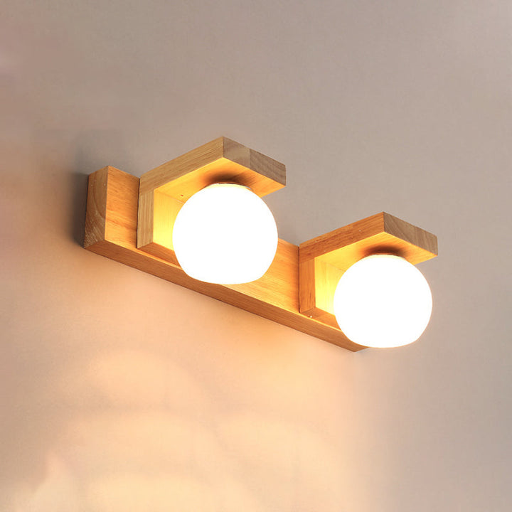 Linear Bathroom Vanity Sconce Wood 2/3 Heads Nordic Wall Mount Lamp with Ball Opal Glass Shade