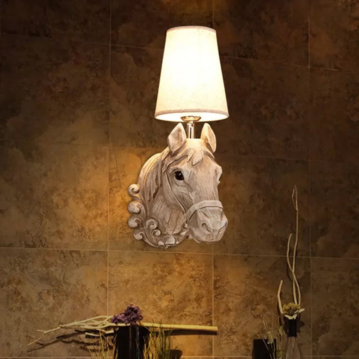 Art Deco Horse Head Wall Sconce Resin 1-Light Restaurant Wall Mounted Light with Cone Shade in Light Brown
