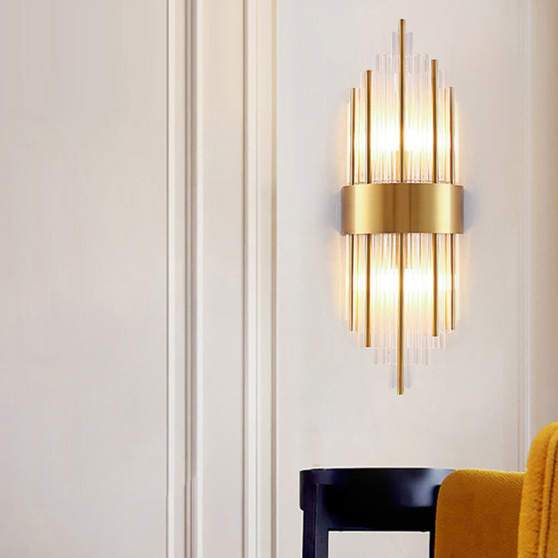 Cylinder/Tapered Wall Light Fixture Postmodern Prismatic/Fluted Crystal 2-Light Living Room Flush Mount Wall Sconce in Gold
