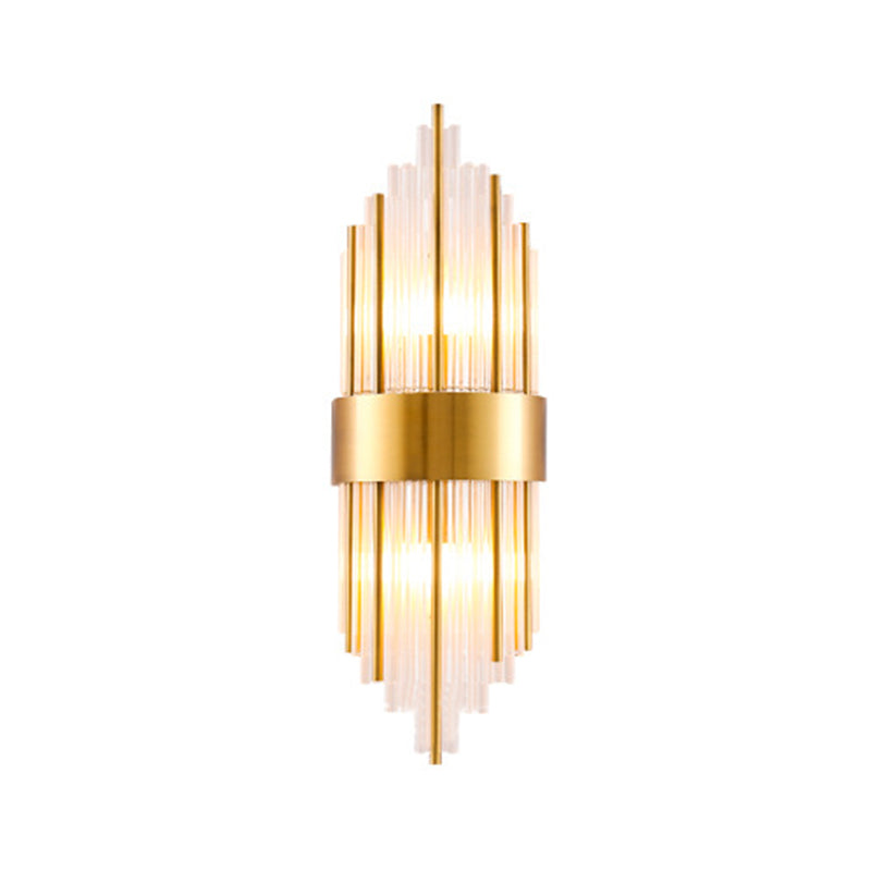 Cylinder/Tapered Wall Light Fixture Postmodern Prismatic/Fluted Crystal 2-Light Living Room Flush Mount Wall Sconce in Gold