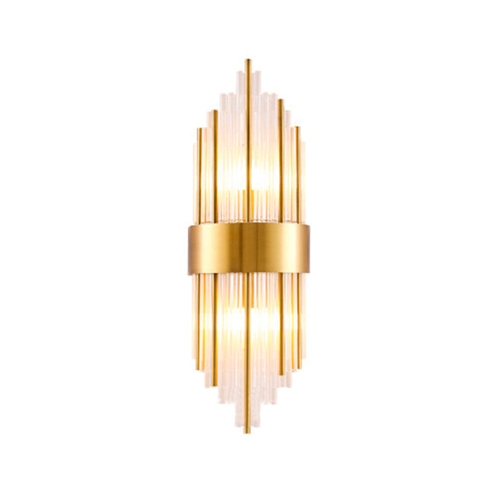 Cylinder/Tapered Wall Light Fixture Postmodern Prismatic/Fluted Crystal 2-Light Living Room Flush Mount Wall Sconce in Gold