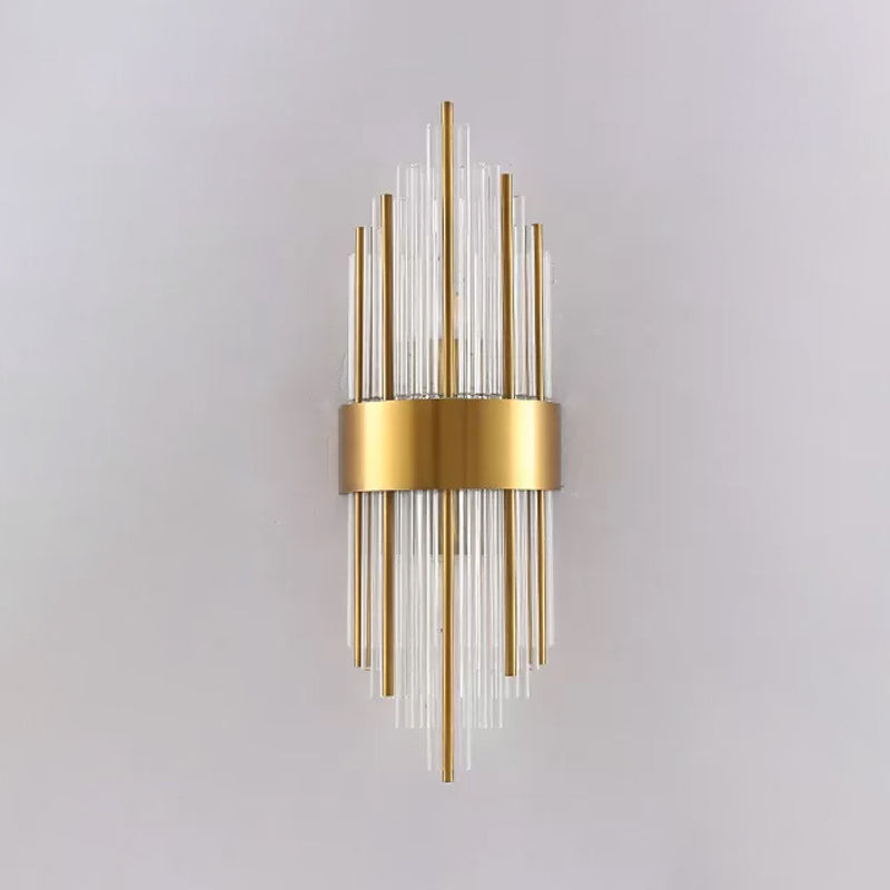 Cylinder/Tapered Wall Light Fixture Postmodern Prismatic/Fluted Crystal 2-Light Living Room Flush Mount Wall Sconce in Gold
