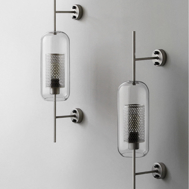 Pill Capsule Wall Lighting Fixture Modernism Clear Glass 1-Bulb Bathroom Wall Lamp Sconce with Inside Mesh Screen