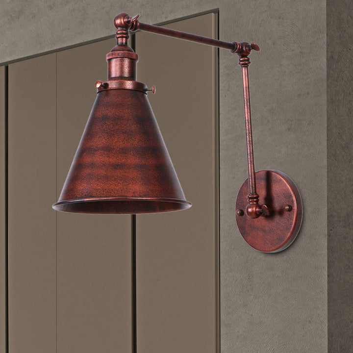Farmhouse Style Cone Wall Sconce 1 Bulb Iron Wall Lighting Fixture in Black/Rust for Bedroom