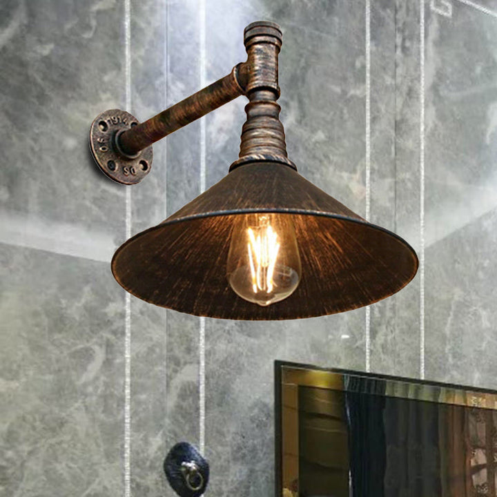 Antique Brass Cone Wall Sconce Farmhouse Style Metallic 1 Head Dining Room Wall Lighting Fixture with Pipe