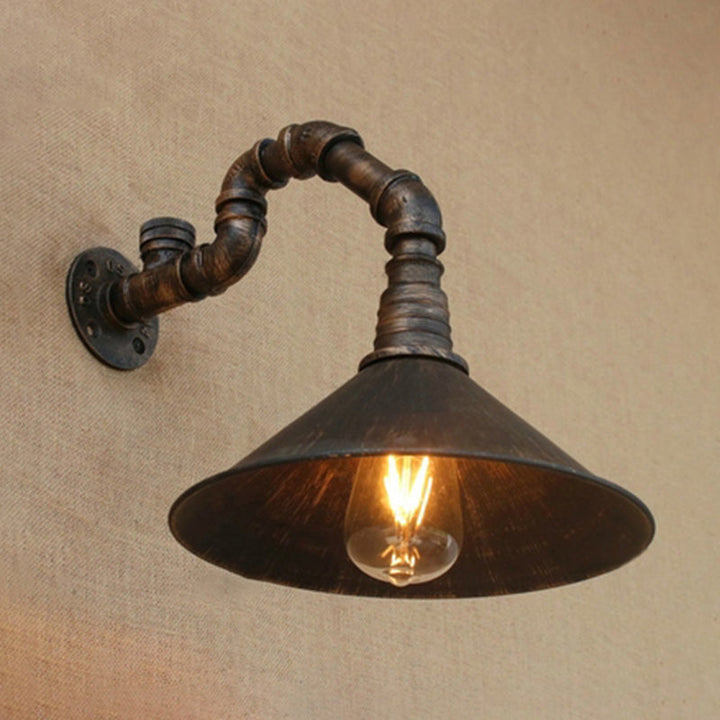 Antique Brass Cone Wall Sconce Farmhouse Style Metallic 1 Head Dining Room Wall Lighting Fixture with Pipe