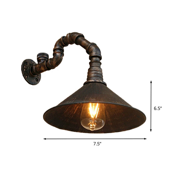 Antique Brass Cone Wall Sconce Farmhouse Style Metallic 1 Head Dining Room Wall Lighting Fixture with Pipe