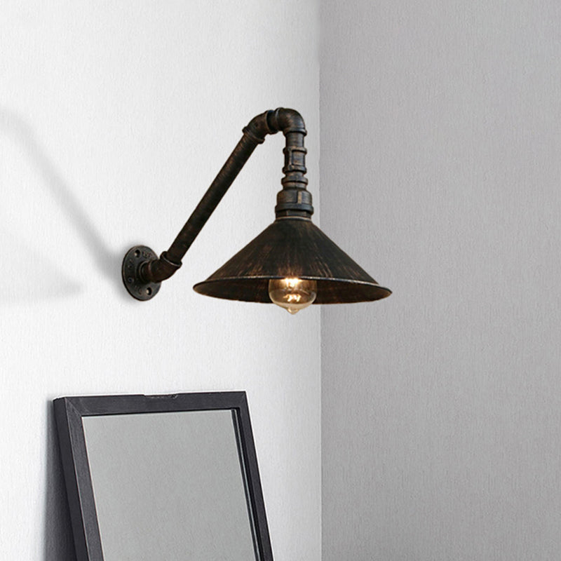 Antique Brass Cone Wall Sconce Farmhouse Style Metallic 1 Head Dining Room Wall Lighting Fixture with Pipe
