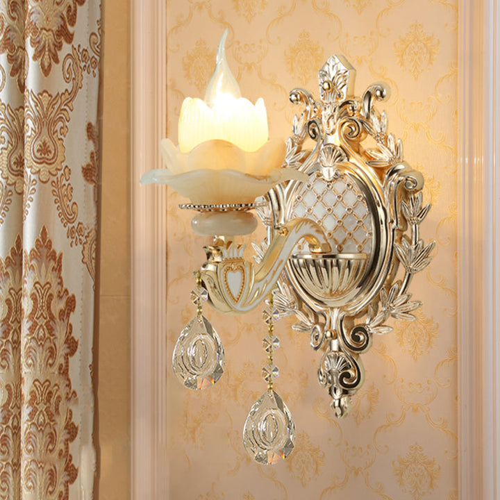 Jade Floral Wall Light Antique Living Room Wall Lighting Fixture with Hanging Crystal in Gold