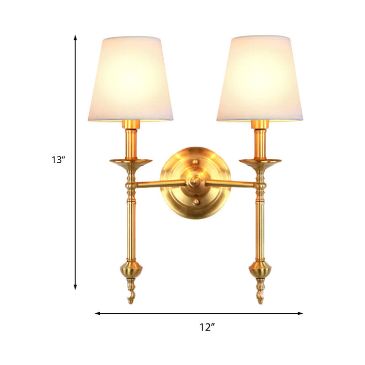 Brass Cone Wall Light Fixture Retro White Fabric Shade 1/2 Bulbs Dining Room Wall Sconce Lighting