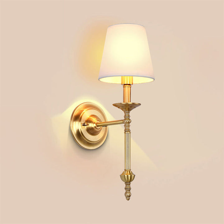 Brass Cone Wall Light Fixture Retro White Fabric Shade 1/2 Bulbs Dining Room Wall Sconce Lighting