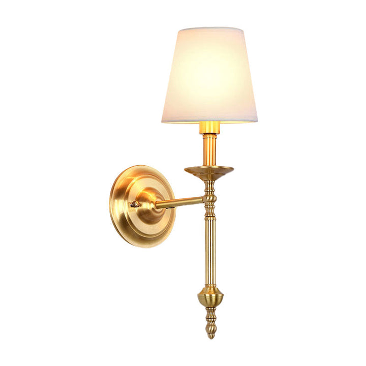 Brass Cone Wall Light Fixture Retro White Fabric Shade 1/2 Bulbs Dining Room Wall Sconce Lighting