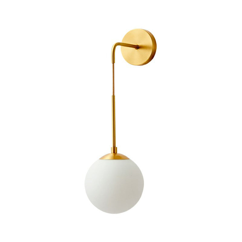 Global Wall Light Fixture Simplicity White Glass 1 Bulb Bedroom Sconce Lamp in Brass