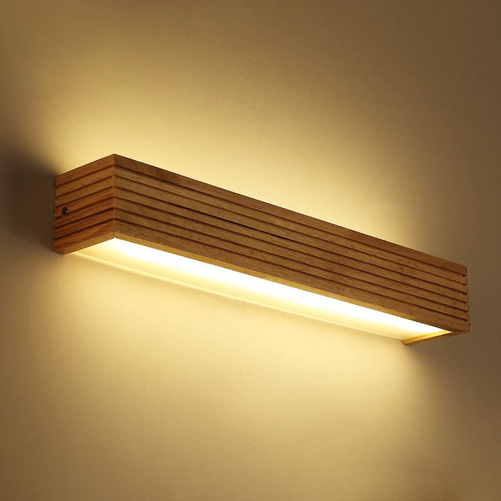 Laminated Wood Rectangle Wall Light Minimalist Beige LED Sconce Fixture above Bed