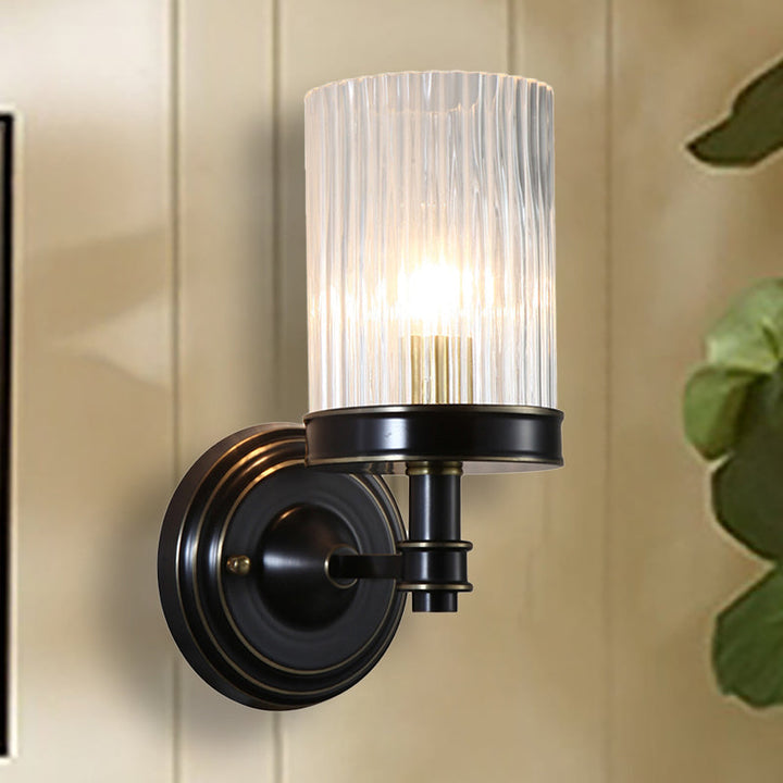 Cylinder Wall Lamp Vintage Stylish Clear Ribbed Glass 1 Bulb Black/Gold Finish Wall Sconce Fixture for Living Room